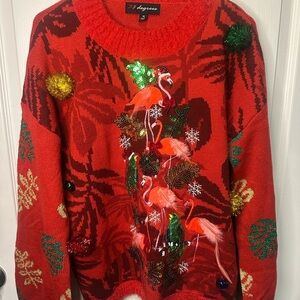 33 Degrees Festive Tropical Christmas Red Flamingo Sweater Woman’s Size Medium